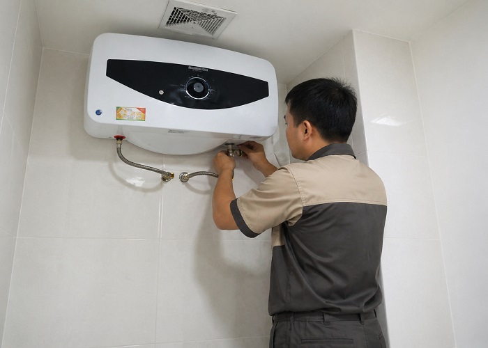 Kỹ thuật viên mặc đồng phục sửa bình nóng lạnh tại nhà khách hàng