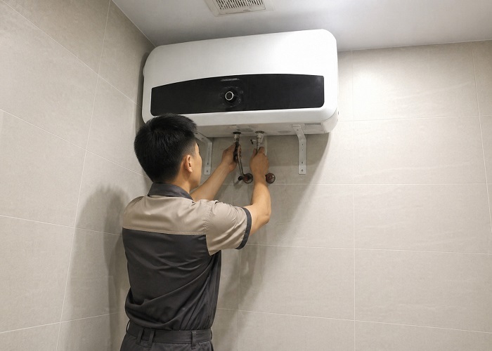 Thợ điện lạnh kiểm tra bình nóng lạnh bị hỏng tại nhà