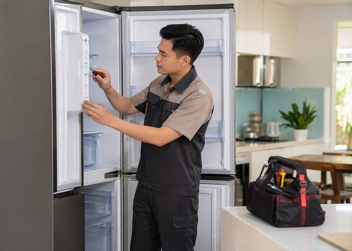 Kỹ thuật viên Bách Khoa K9 mặc đồng phục chuyên nghiệp đang kiểm tra và sửa tủ lạnh tại nhà khách, hỗ trợ nhanh chóng, thao tác cẩn thận và có đầy đủ dụng cụ chuyên dụng.