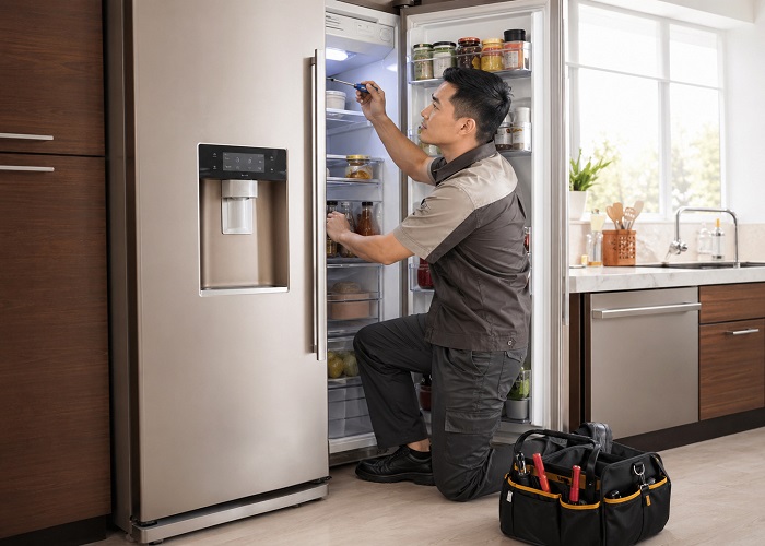 Kỹ thuật viên chuyên nghiệp đang kiểm tra và sửa tủ lạnh tại nhà khách, đảm bảo thao tác nhanh chóng, sạch sẽ và uy tín.