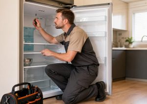 Thợ kỹ thuật chuyên nghiệp đang kiểm tra và sửa tủ lạnh tại nhà khách, hỗ trợ nhanh, dụng cụ đầy đủ, dịch vụ uy tín.