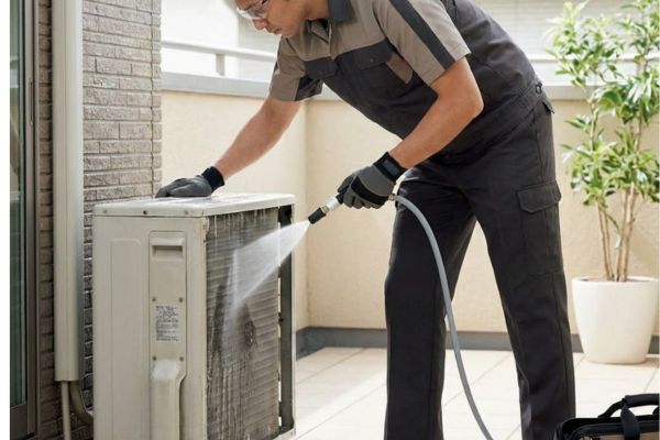 Thợ thực hiện đúng quy trình vệ sinh điều hòa tại Tây Hồ