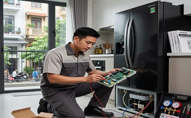 Kỹ thuật viên sửa bo mạch tủ lạnh Hitachi tại nhà