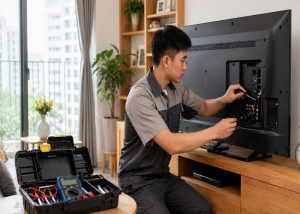 Kỹ thuật viên Bách Khoa K9 kiểm tra và sửa tivi tại nhà ở Hà Nội.